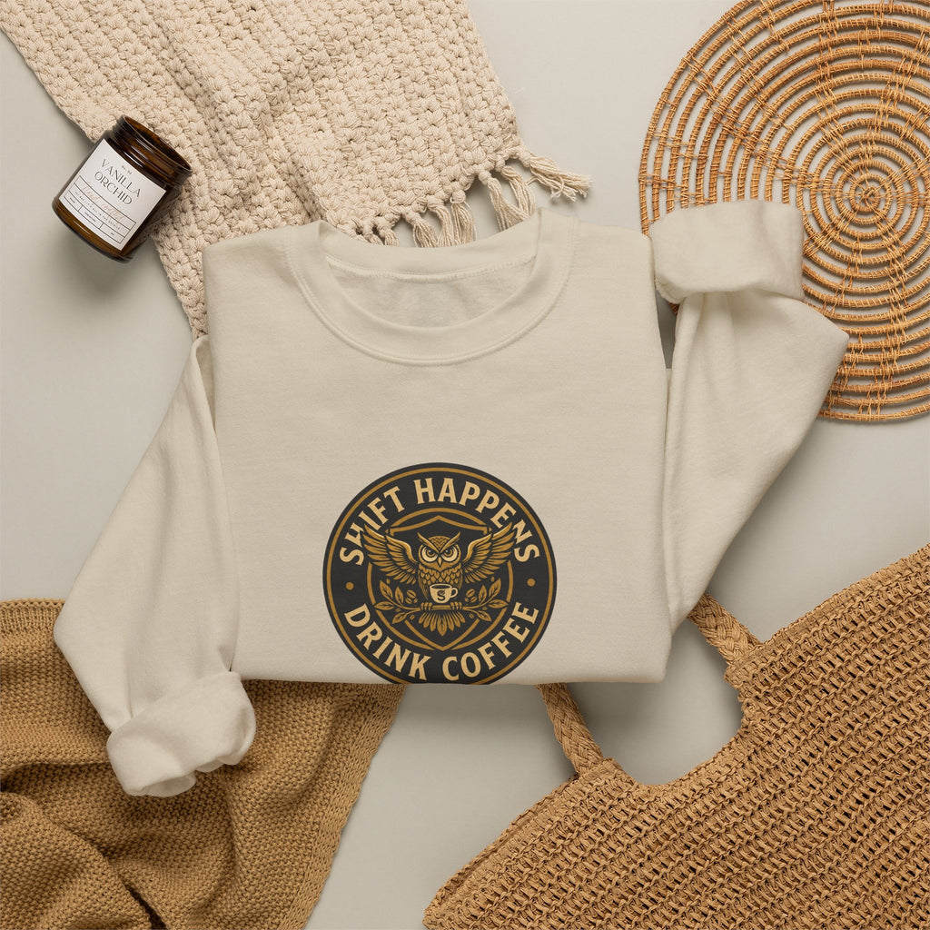 Crewneck Sweatshirt — “Shift Happens, Drink Coffee” Vintage Coffee Logo