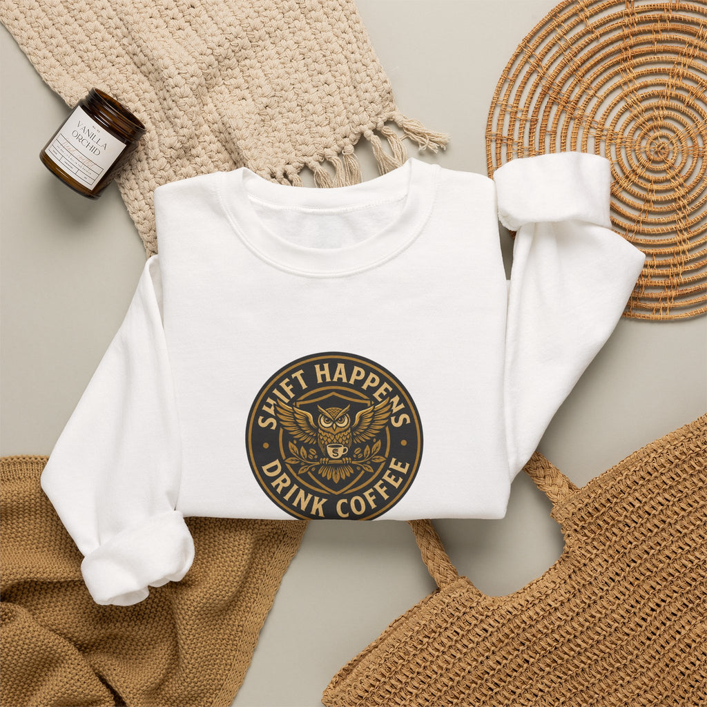 Crewneck Sweatshirt — “Shift Happens, Drink Coffee” Vintage Coffee Logo