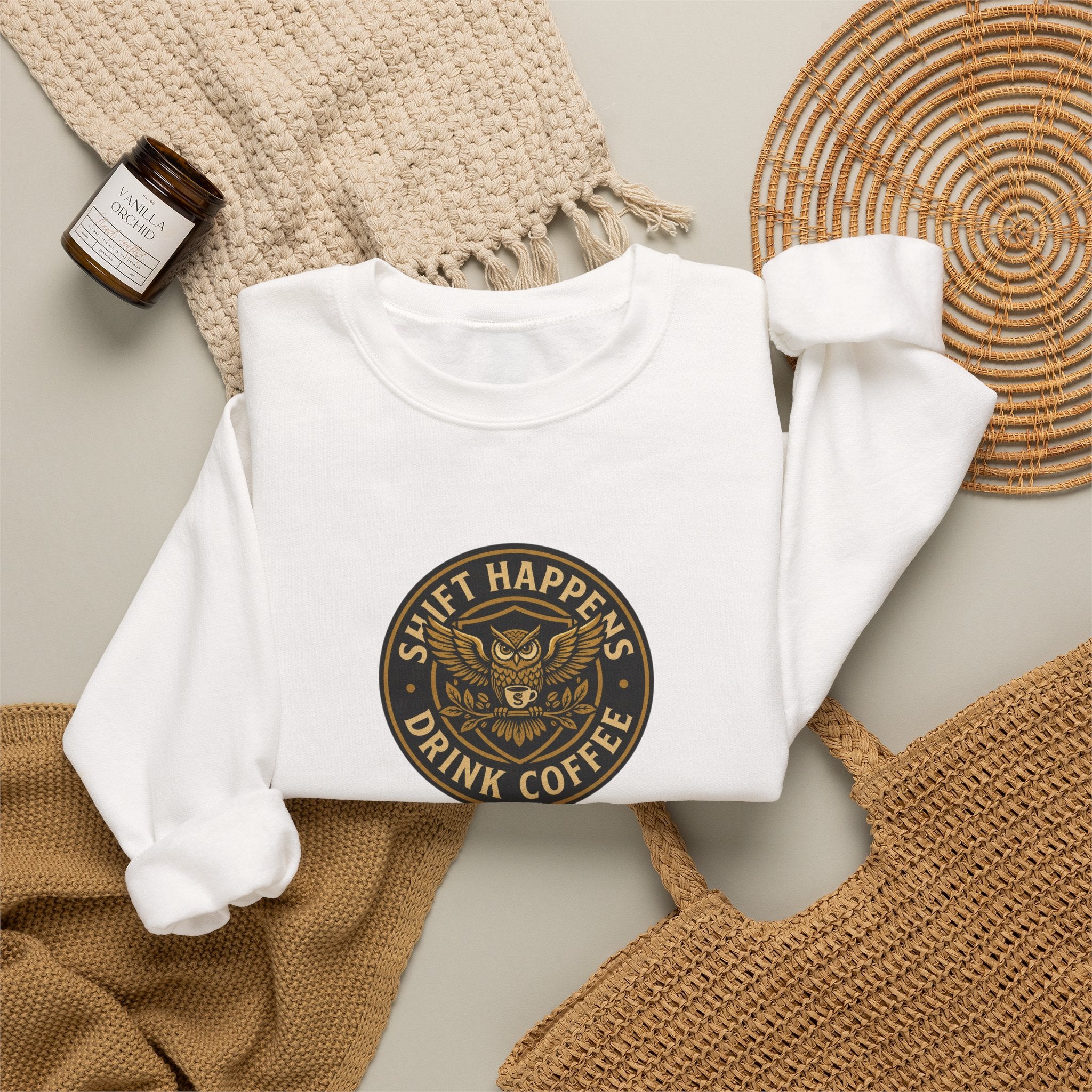 Crewneck Sweatshirt — “Shift Happens, Drink Coffee” Vintage Coffee Logo