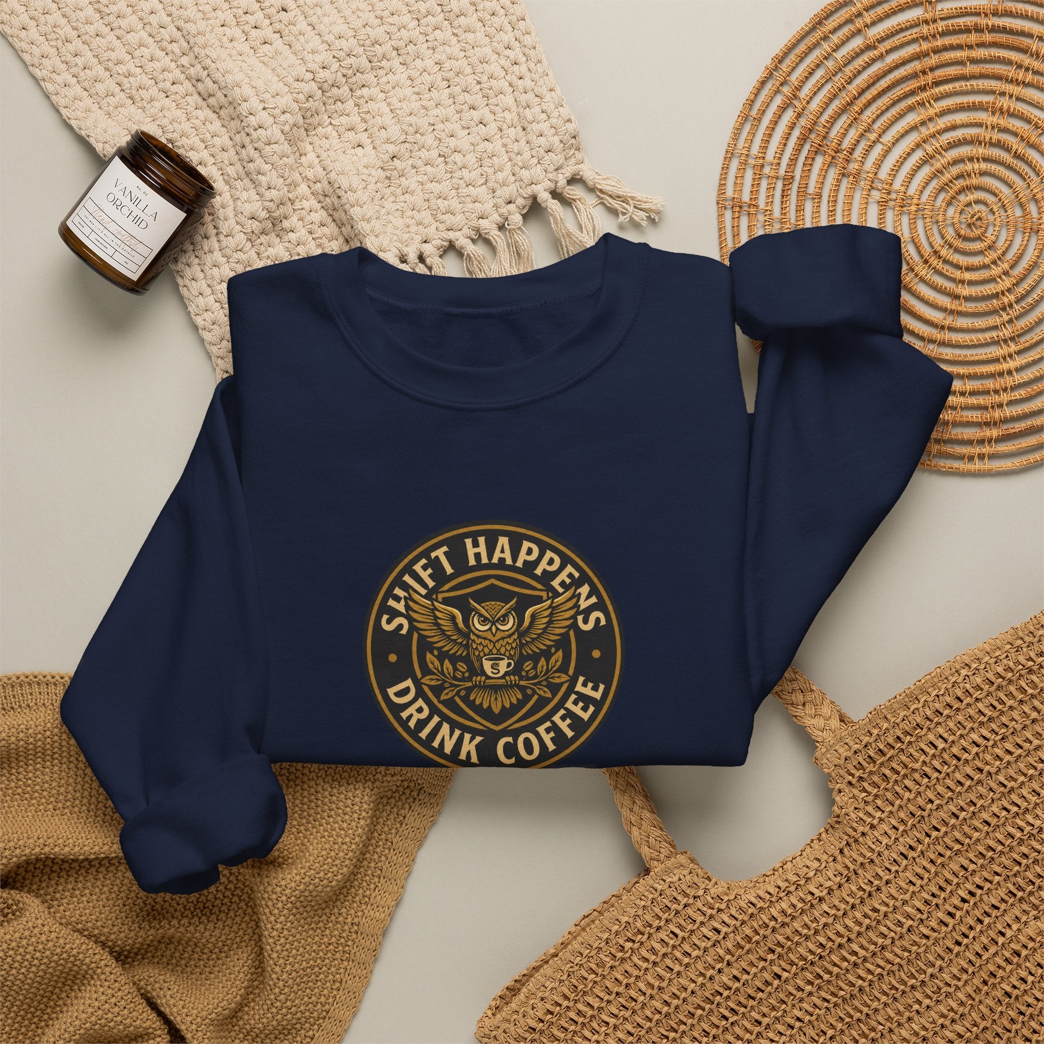 Crewneck Sweatshirt — “Shift Happens, Drink Coffee” Vintage Coffee Logo