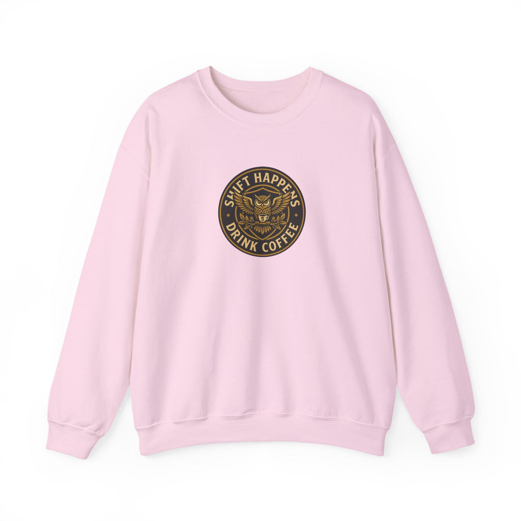 Crewneck Sweatshirt — “Shift Happens, Drink Coffee” Vintage Coffee Logo