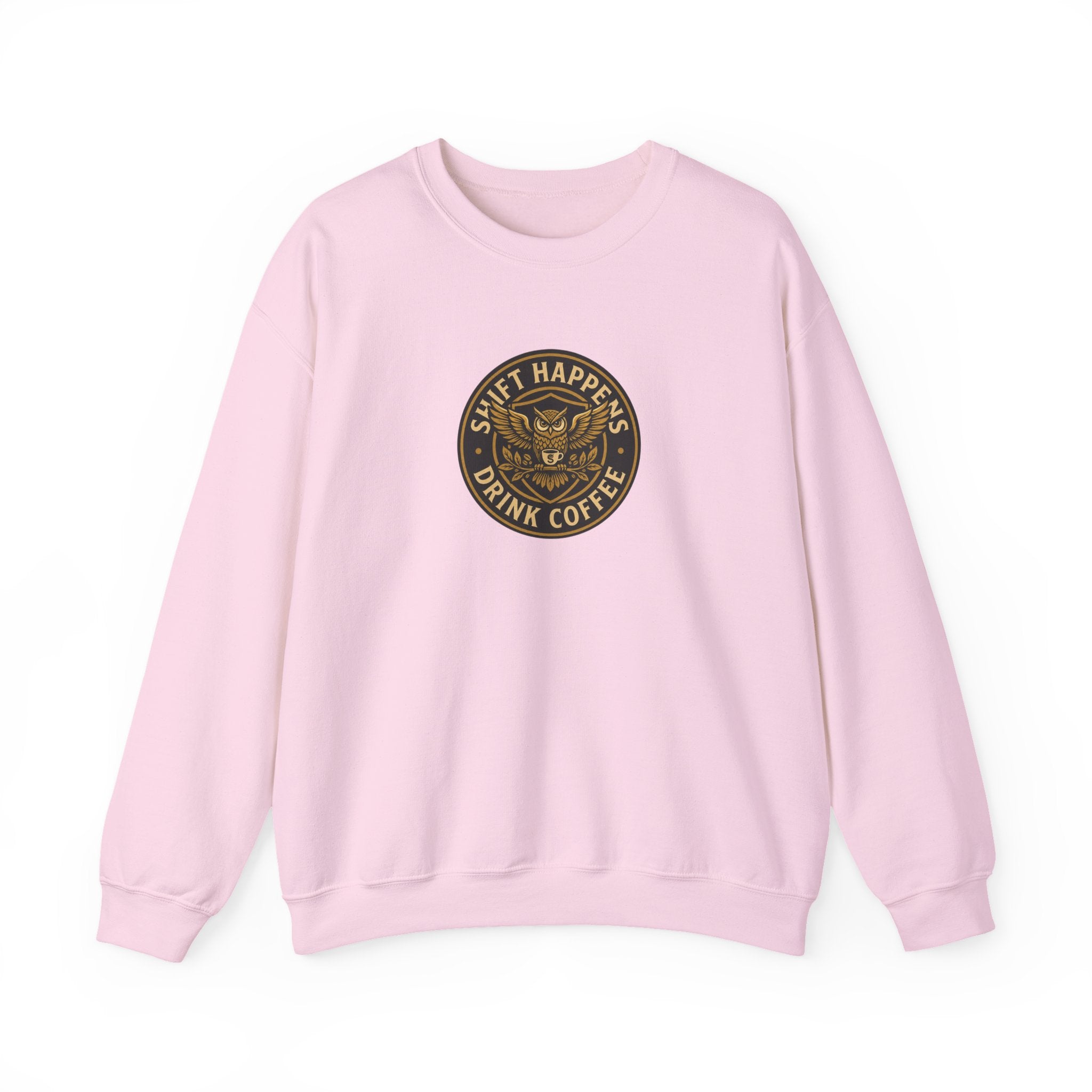Crewneck Sweatshirt — “Shift Happens, Drink Coffee” Vintage Coffee Logo