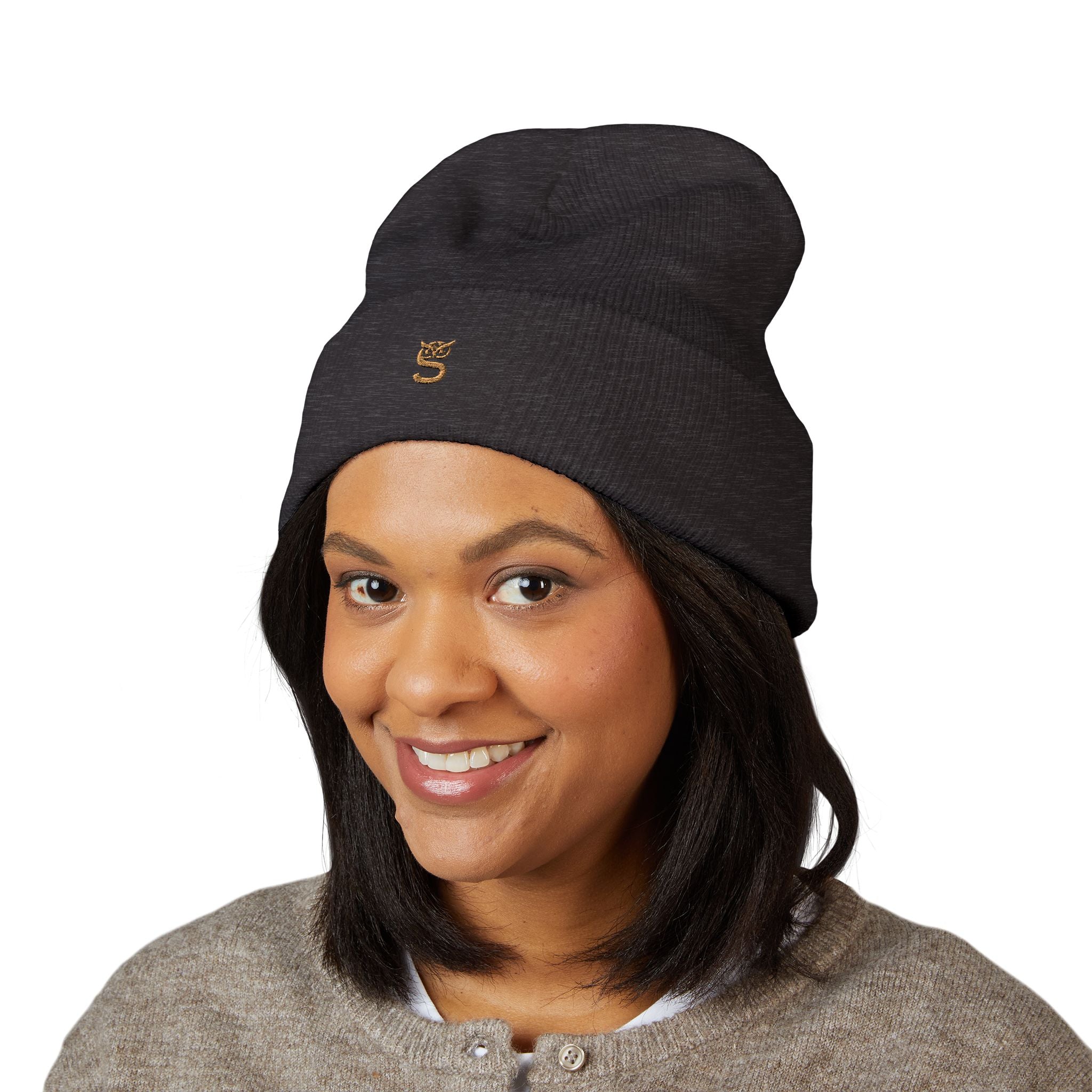 Embroidered 'S' Classic Cuffed Beanie — Minimal Monogram Knit Hat