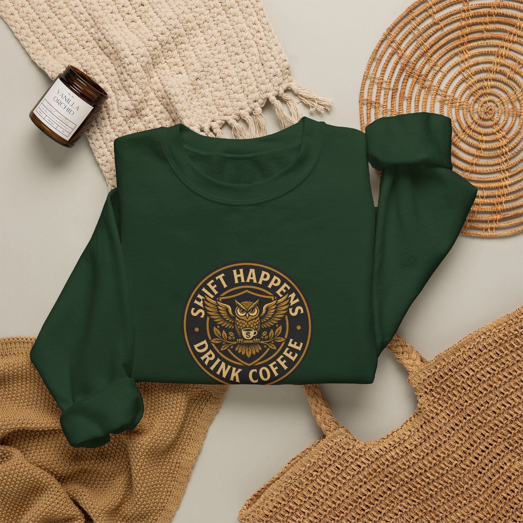 Crewneck Sweatshirt — “Shift Happens, Drink Coffee” Vintage Coffee Logo