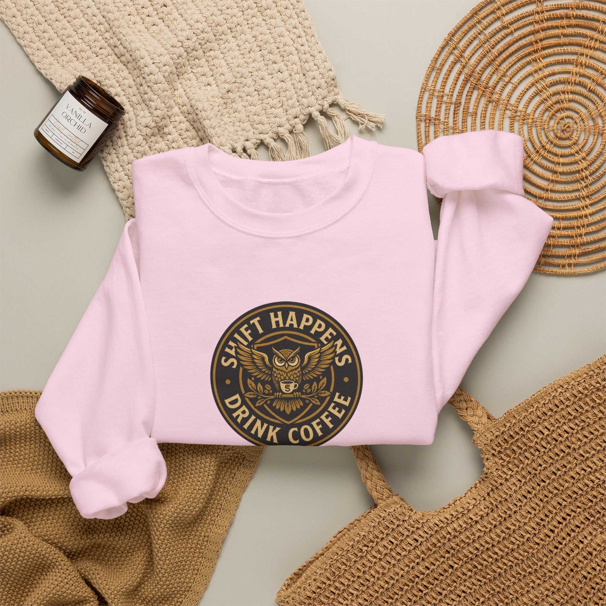 Crewneck Sweatshirt — “Shift Happens, Drink Coffee” Vintage Coffee Logo