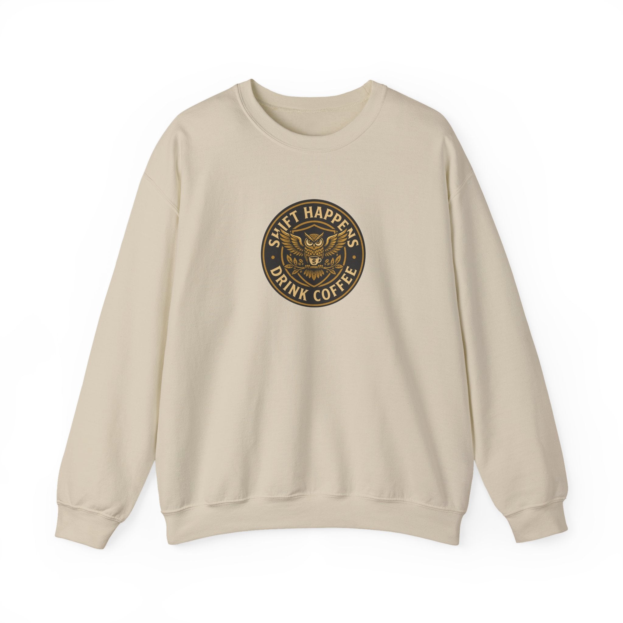 Crewneck Sweatshirt — “Shift Happens, Drink Coffee” Vintage Coffee Logo