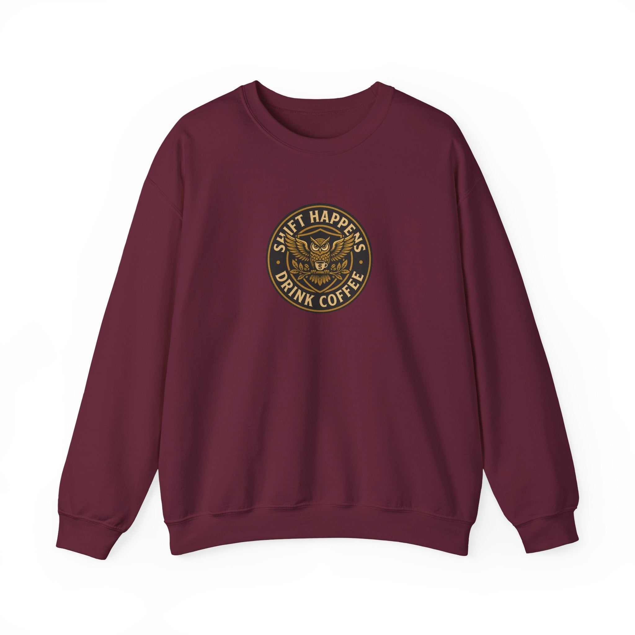 Crewneck Sweatshirt — “Shift Happens, Drink Coffee” Vintage Coffee Logo