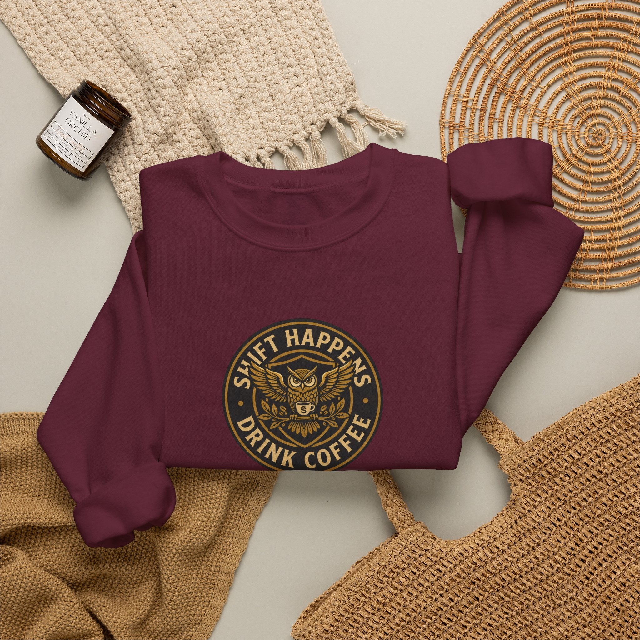 Crewneck Sweatshirt — “Shift Happens, Drink Coffee” Vintage Coffee Logo