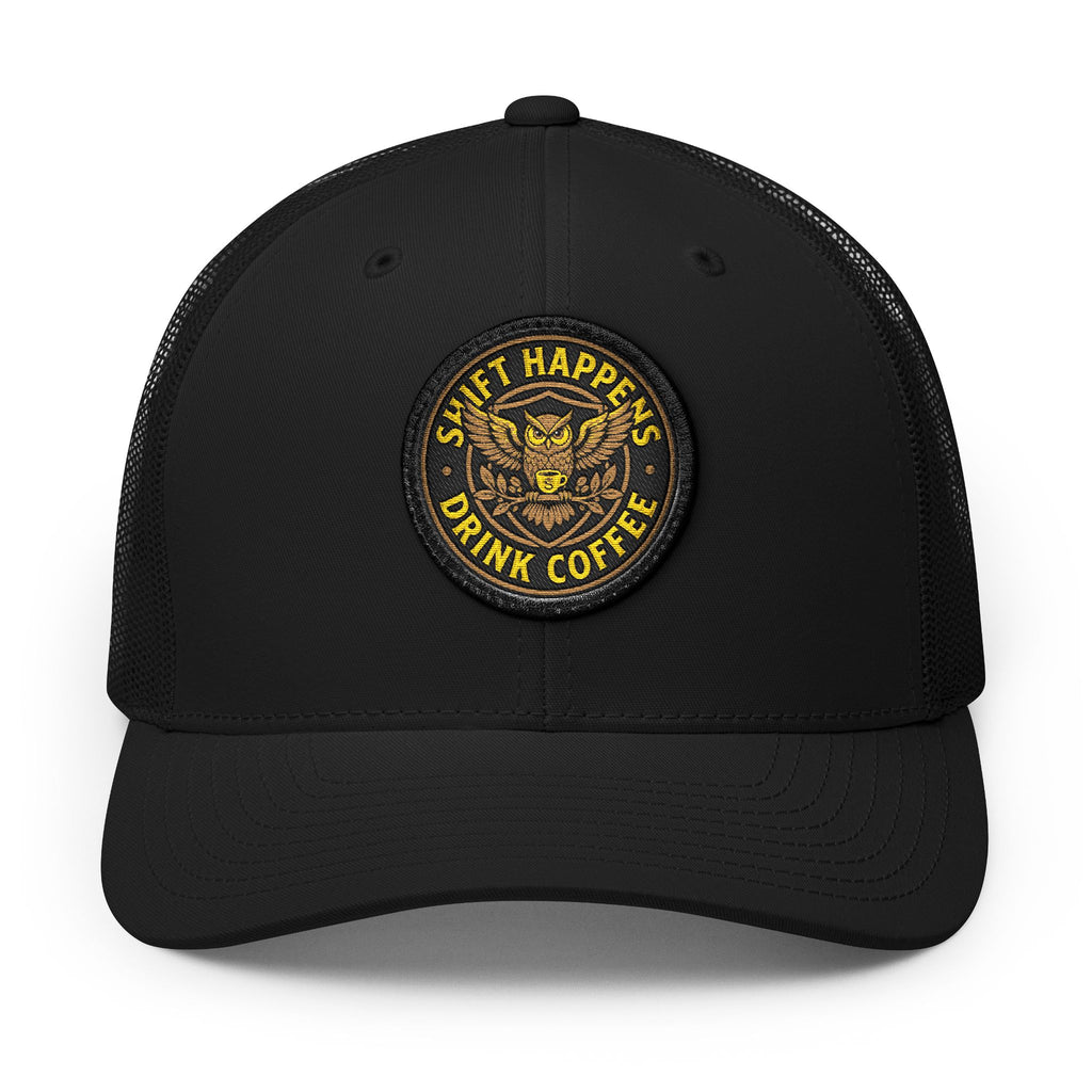 Snapback Trucker Cap — "Shift Happens, Drink Coffee" Nighty the Night Owl Patch