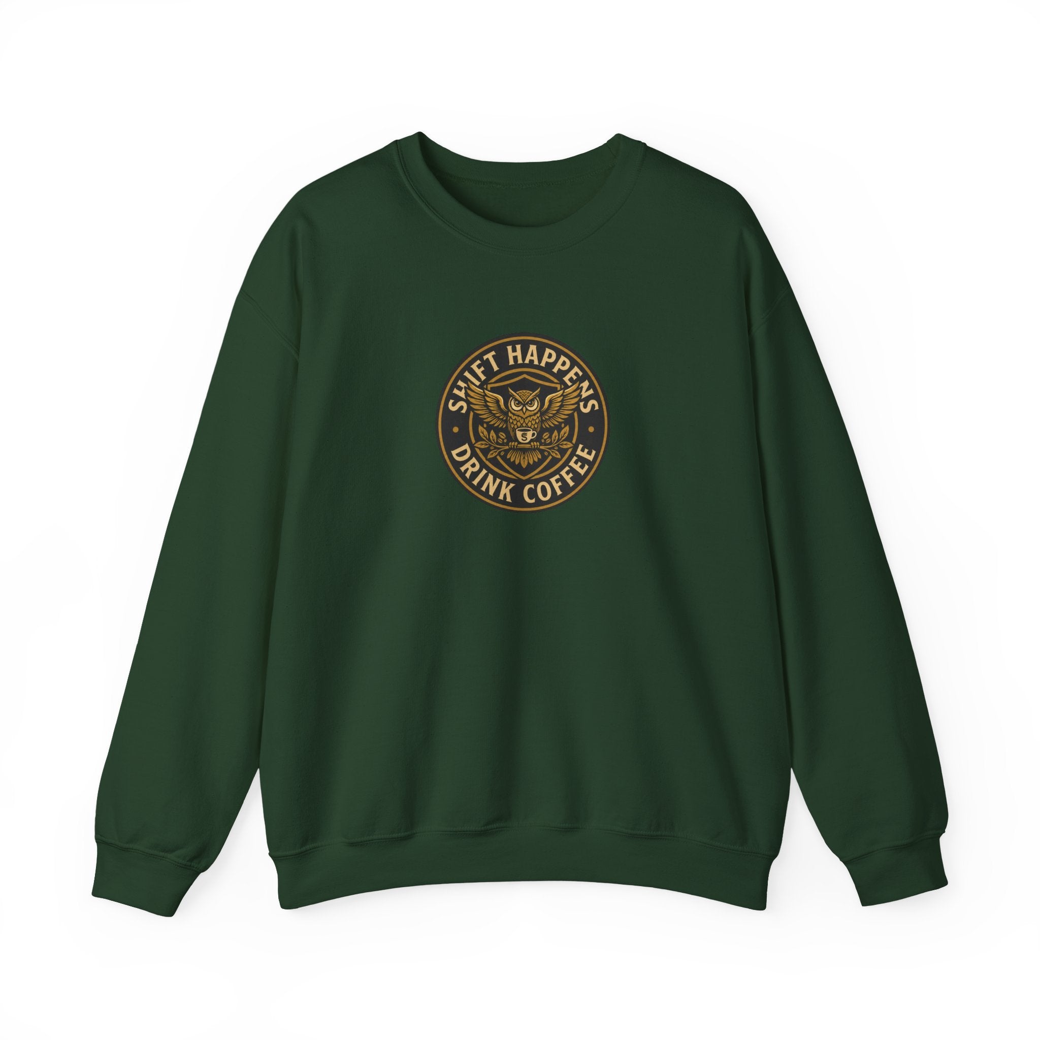 Crewneck Sweatshirt — “Shift Happens, Drink Coffee” Vintage Coffee Logo