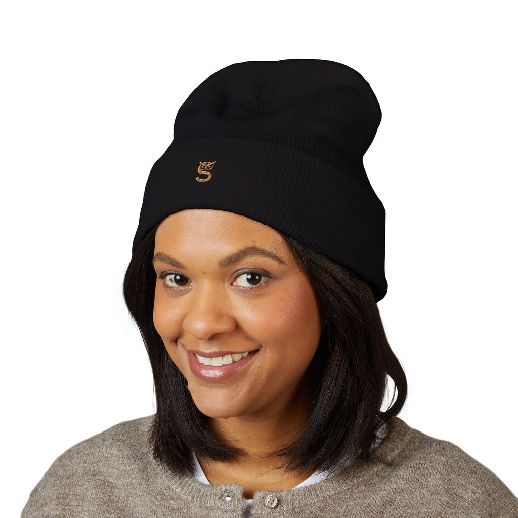 Embroidered 'S' Classic Cuffed Beanie — Minimal Monogram Knit Hat