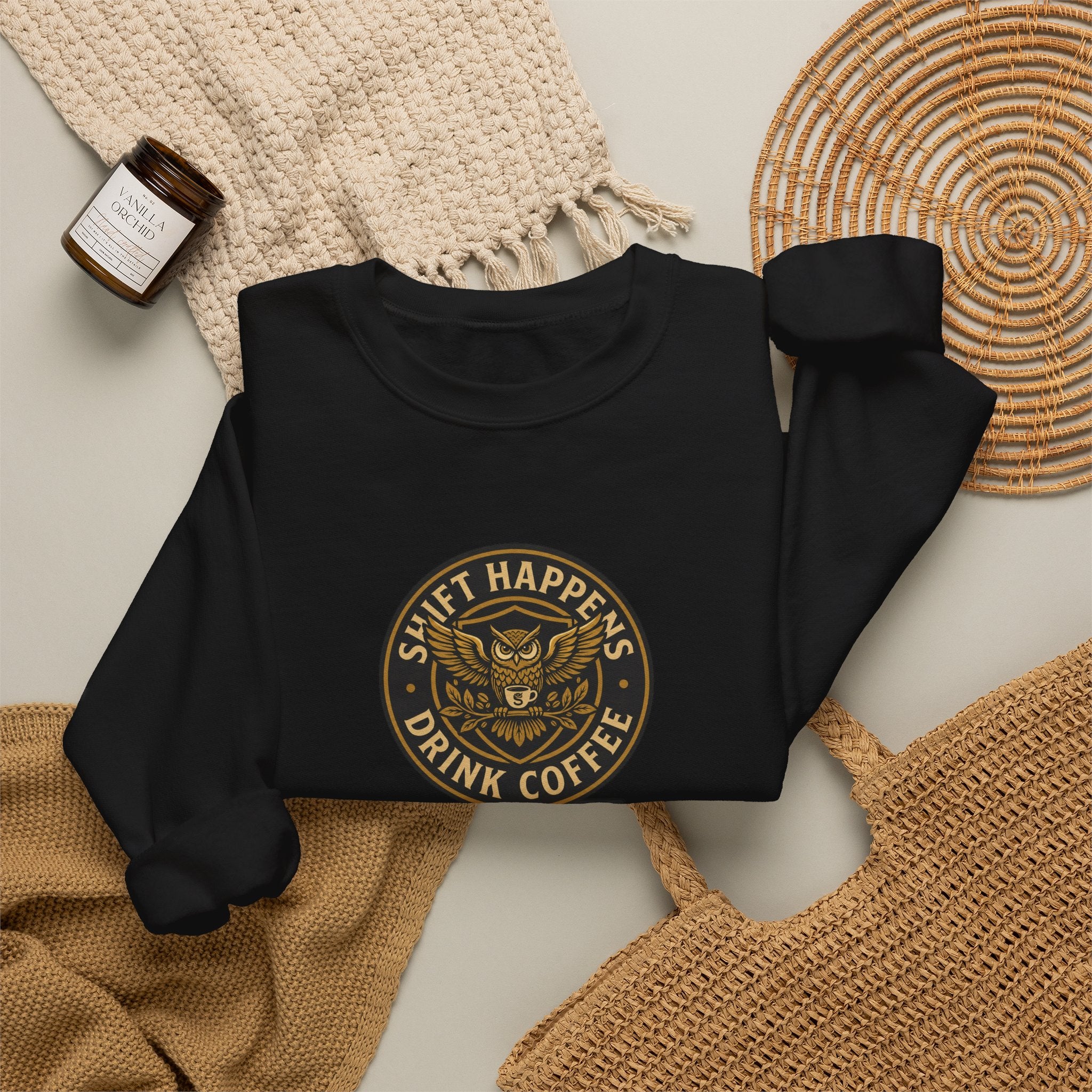 Crewneck Sweatshirt — “Shift Happens, Drink Coffee” Vintage Coffee Logo